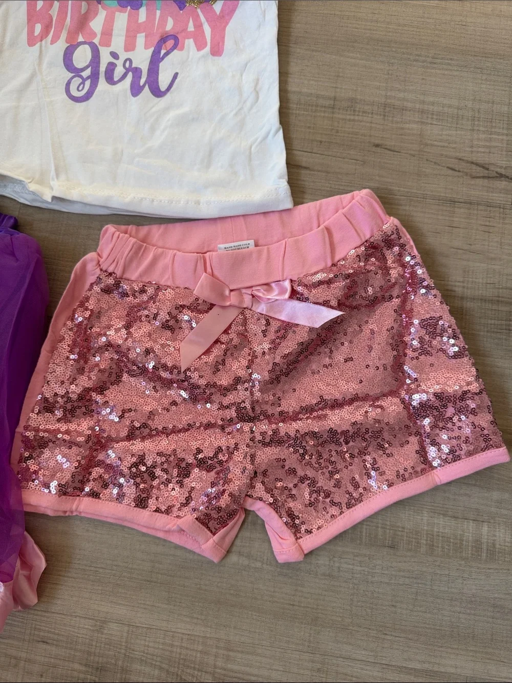 3 Pc Set Birthday Girl Unicorn Top with Purple Tutu & Pink Sequin Shorts Party